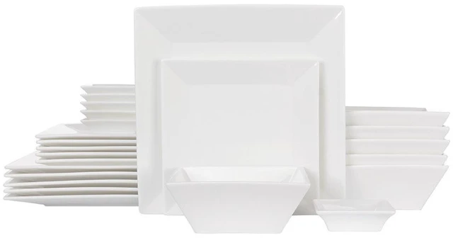 Main image of Porcelain 24-piece Dinnerware Set for 6, Square Plates and Bowls