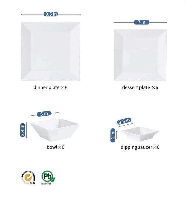 Alt view image 2 of 7 - Porcelain 24-piece Dinnerware Set for 6, Square Plates and Bowls