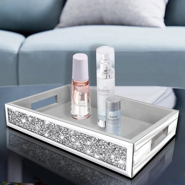 Alt view image 4 of 7 - Mirror Perfume Tray fits Dresser Bedroom,Crushed Diamond Bathroom Tray with Handles,Vanity Tray,Decorative Serving Tray for Coffee Table Decor(14x 10x 2.5)