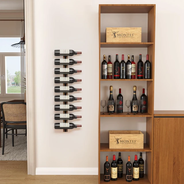 Alt view image 4 of 7 - Mounted Wine Rack, 9-Bottle Wall Wine Holder with Solid Wood Backboard
Space-saving wine bottle rack display for home bar, Kitchen, dining room and cellar, rustic wall wine racks for wine bottles