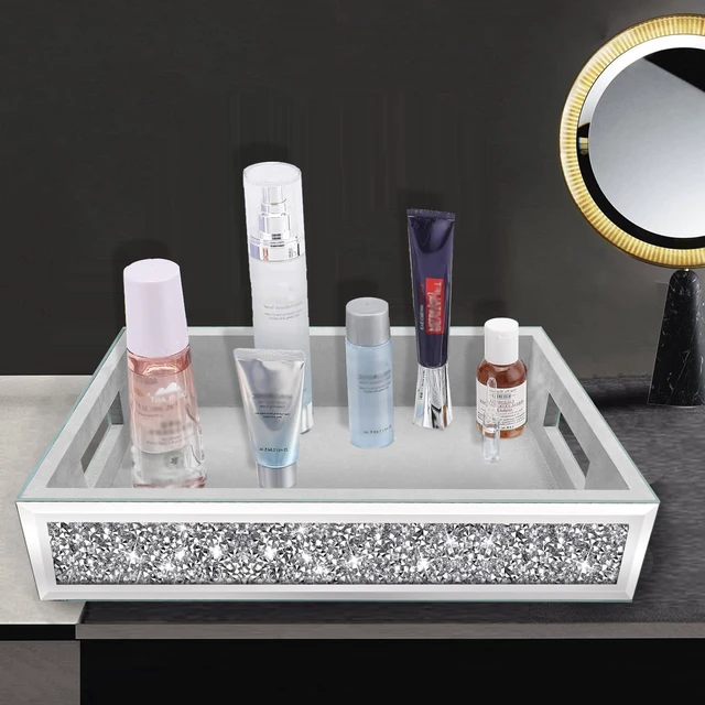 Alt view image 5 of 7 - Mirror Perfume Tray fits Dresser Bedroom,Crushed Diamond Bathroom Tray with Handles,Vanity Tray,Decorative Serving Tray for Coffee Table Decor(14x 10x 2.5)