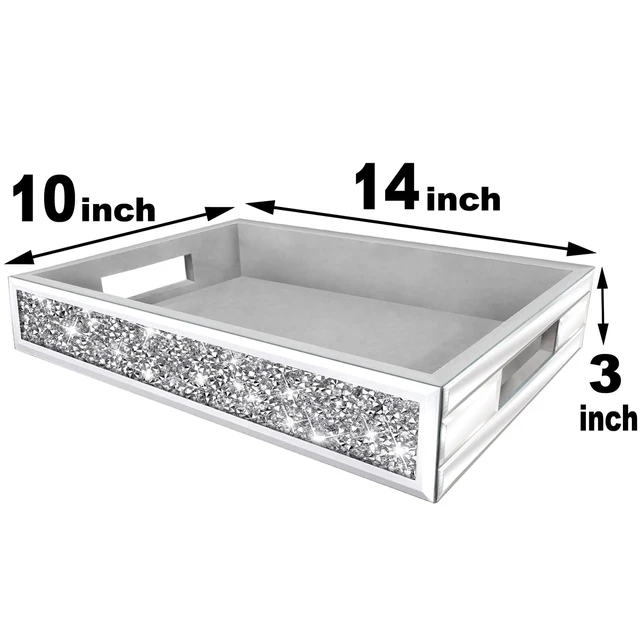 Alt view image 6 of 7 - Mirror Perfume Tray fits Dresser Bedroom,Crushed Diamond Bathroom Tray with Handles,Vanity Tray,Decorative Serving Tray for Coffee Table Decor(14x 10x 2.5)