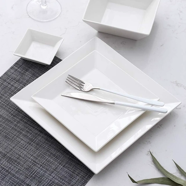 Alt view image 5 of 7 - Porcelain 24-piece Dinnerware Set for 6, Square Plates and Bowls