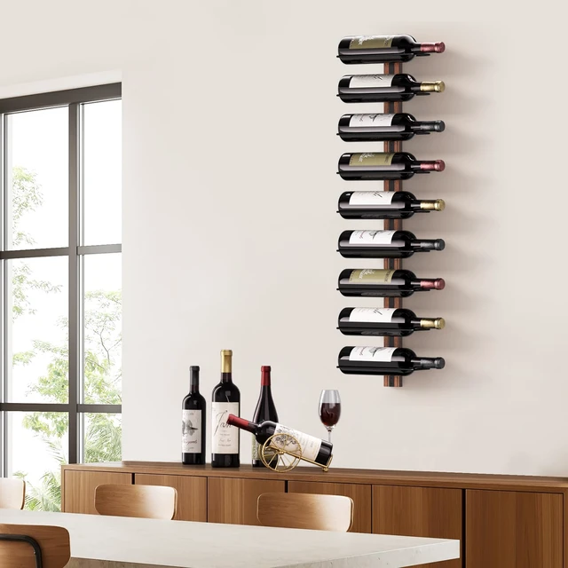 Alt view image 6 of 7 - Mounted Wine Rack, 9-Bottle Wall Wine Holder with Solid Wood Backboard
Space-saving wine bottle rack display for home bar, Kitchen, dining room and cellar, rustic wall wine racks for wine bottles