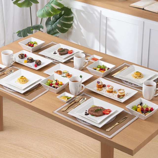 Alt view image 6 of 7 - Porcelain 24-piece Dinnerware Set for 6, Square Plates and Bowls