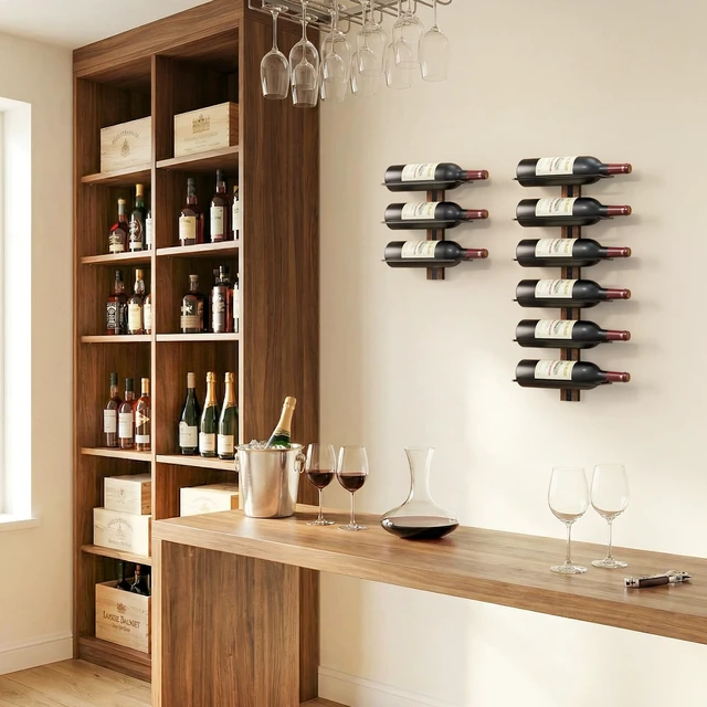 Alt view image 7 of 7 - Mounted Wine Rack, 9-Bottle Wall Wine Holder with Solid Wood Backboard
Space-saving wine bottle rack display for home bar, Kitchen, dining room and cellar, rustic wall wine racks for wine bottles