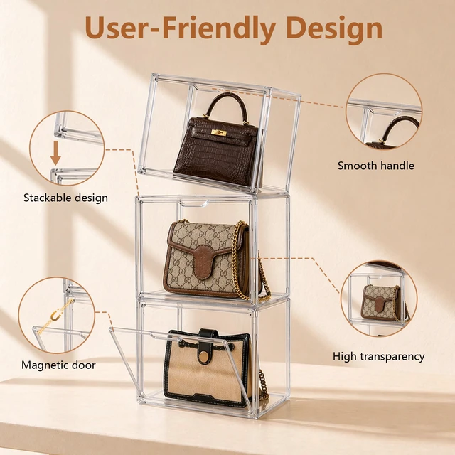 Alt view image 3 of 7 - Purse Organizer for Closet Acrylic Display Case for Handbag 3Pack
Clear Showcase,Stackable Design,Fit for Medium Bags,Storage for Collectibles,Cosmetic,Heels,Magnetic Door,Dustproof