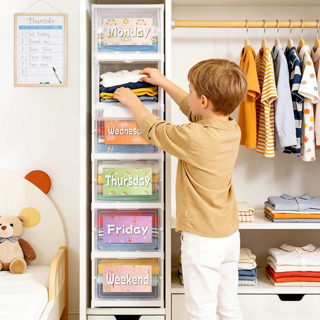 Alt view image 2 of 7 - 6 Shelf Weekly Clothes Organizer for Kids, Foldable Days of the Week Clothes Organizer with 18 Labels, Monday Through Weekend Essential Stuff Shoe Organizer, Kid Habit & Creativity Training