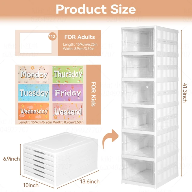 Alt view image 3 of 7 - 6 Shelf Weekly Clothes Organizer for Kids, Foldable Days of the Week Clothes Organizer with 18 Labels, Monday Through Weekend Essential Stuff Shoe Organizer, Kid Habit & Creativity Training