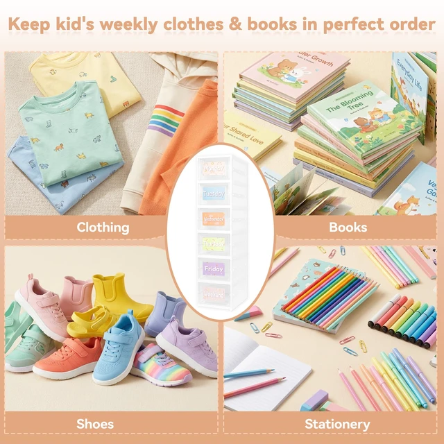 Alt view image 5 of 7 - 6 Shelf Weekly Clothes Organizer for Kids, Foldable Days of the Week Clothes Organizer with 18 Labels, Monday Through Weekend Essential Stuff Shoe Organizer, Kid Habit & Creativity Training