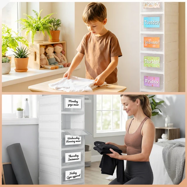 Alt view image 7 of 7 - 6 Shelf Weekly Clothes Organizer for Kids, Foldable Days of the Week Clothes Organizer with 18 Labels, Monday Through Weekend Essential Stuff Shoe Organizer, Kid Habit & Creativity Training