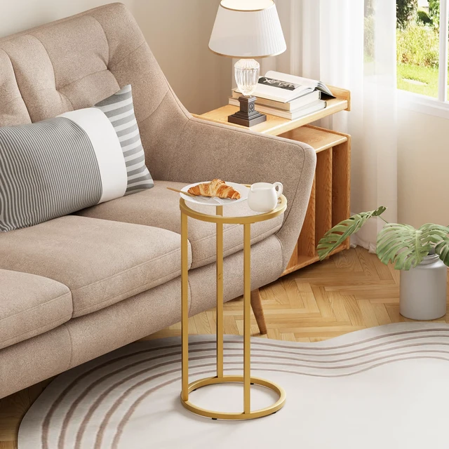 Alt view image 2 of 7 - Paws C Table Side End Table,Glass Couch Side Tables for Living Room, Round Sofa End Table with Metal Frame, Small Snack Table for Bedroom, Small Spaces, Easy Assembly (Gold,2pcs)