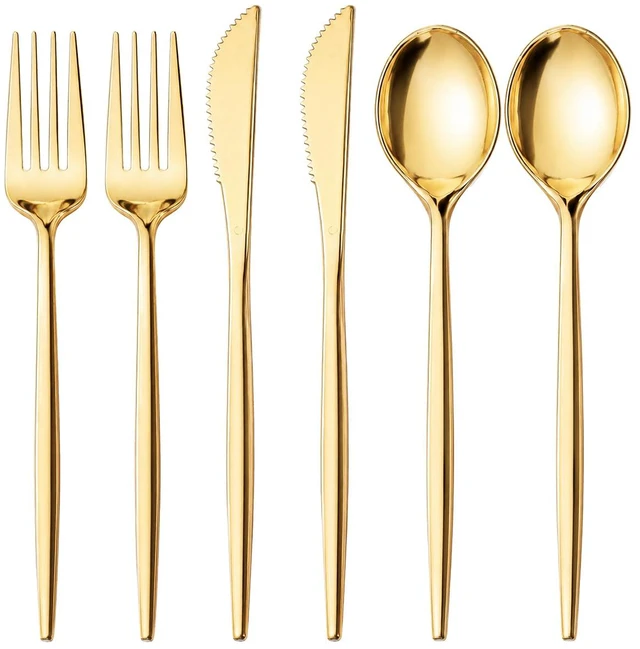 Main image of 300PCS Gold Plastic Silverware Set Disposable - Heavy Duty Gold Utensils Set - Plastic Cutlery Disposable - Include 100 Knives, 100 Forks, 100 Spoons for Party & Wedding