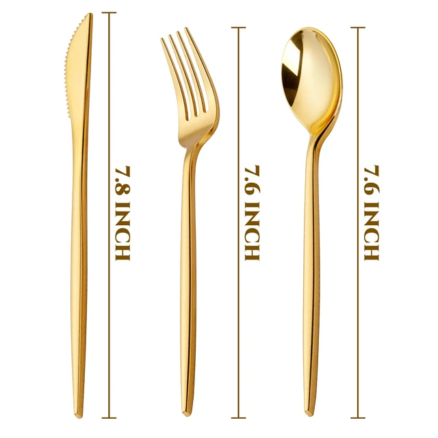 Alt view image 2 of 7 - 300PCS Gold Plastic Silverware Set Disposable - Heavy Duty Gold Utensils Set - Plastic Cutlery Disposable - Include 100 Knives, 100 Forks, 100 Spoons for Party & Wedding