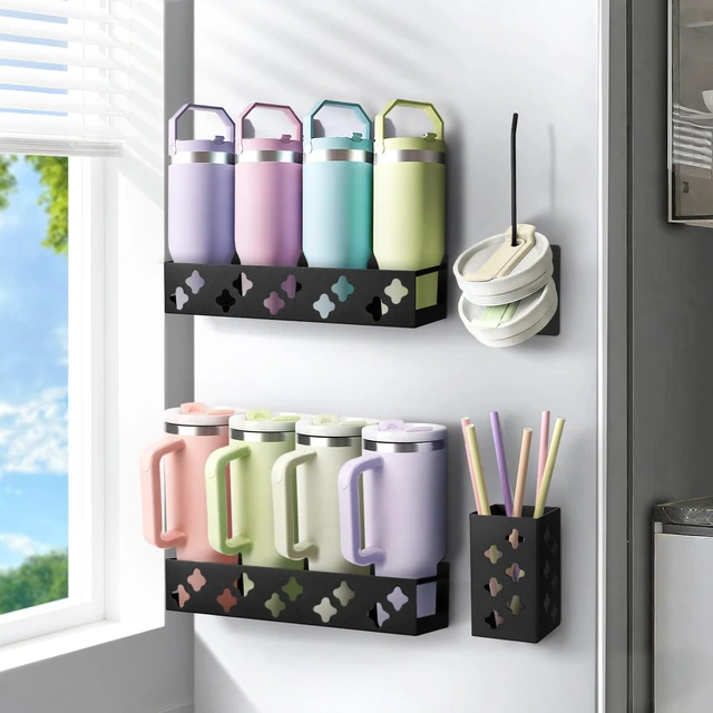 Main image of Water Bottle Organizer for Fridge, Magnetic Cup Holder for Stanley 30 40 Oz with Tumbler Lid & Straw Organizer, 8 Tumblers Kitchen Storage Rack for Stanley Cup Accessories, Space-Saving