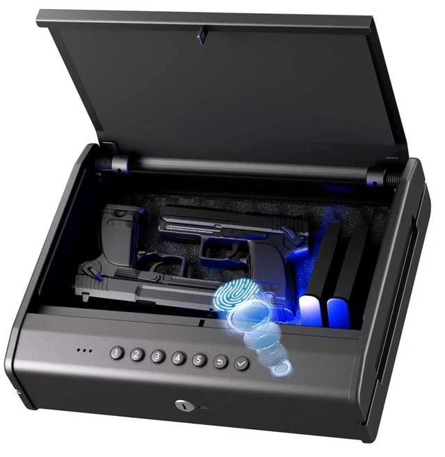 Main image of Biometric Gun Safe, Fits 2-4 Guns, Raised Backlit Keypad & Key
With Fingerprint, Interior Light&Emergency Power Port&Voice Guide&Mute Mode &Cable For Home/Nightstand/Car, Nice Gift