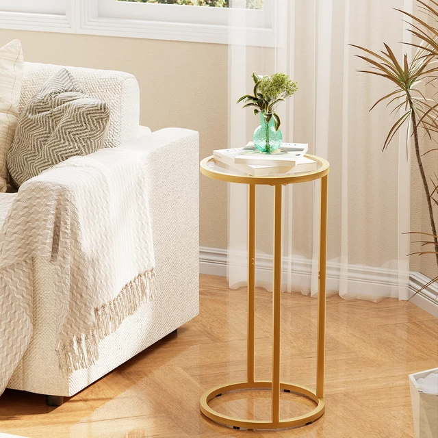 Alt view image 5 of 7 - Paws C Table Side End Table,Glass Couch Side Tables for Living Room, Round Sofa End Table with Metal Frame, Small Snack Table for Bedroom, Small Spaces, Easy Assembly (Gold,2pcs)
