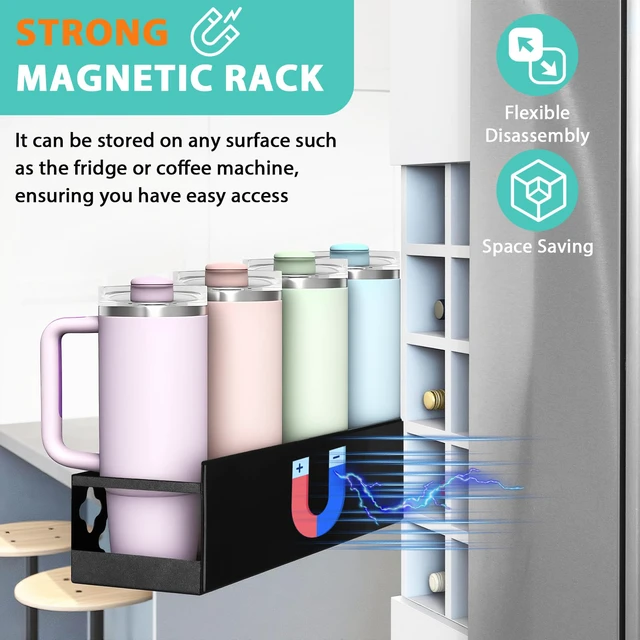 Alt view image 3 of 7 - Water Bottle Organizer for Fridge, Magnetic Cup Holder for Stanley 30 40 Oz with Tumbler Lid & Straw Organizer, 8 Tumblers Kitchen Storage Rack for Stanley Cup Accessories, Space-Saving
