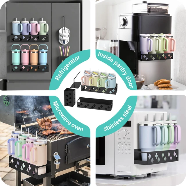 Alt view image 4 of 7 - Water Bottle Organizer for Fridge, Magnetic Cup Holder for Stanley 30 40 Oz with Tumbler Lid & Straw Organizer, 8 Tumblers Kitchen Storage Rack for Stanley Cup Accessories, Space-Saving