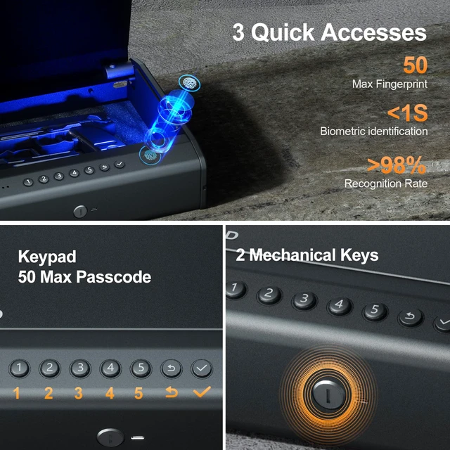 Alt view image 2 of 7 - Biometric Gun Safe, Fits 2-4 Guns, Raised Backlit Keypad & Key
With Fingerprint, Interior Light&Emergency Power Port&Voice Guide&Mute Mode &Cable For Home/Nightstand/Car, Nice Gift