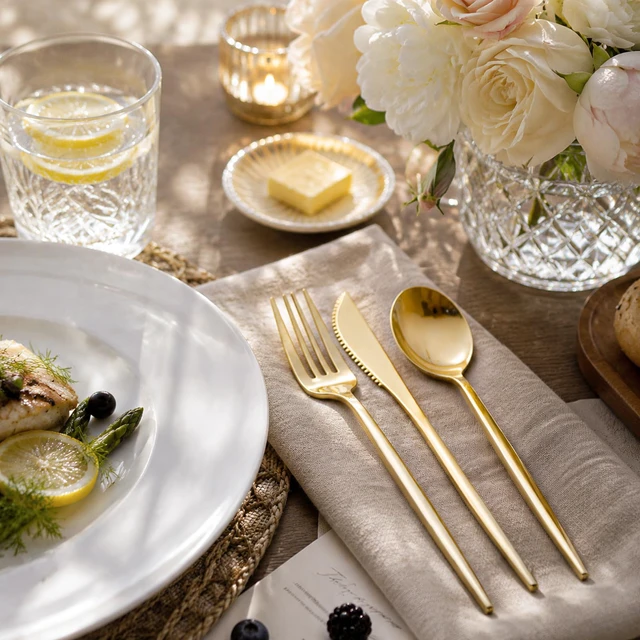 Alt view image 4 of 7 - 300PCS Gold Plastic Silverware Set Disposable - Heavy Duty Gold Utensils Set - Plastic Cutlery Disposable - Include 100 Knives, 100 Forks, 100 Spoons for Party & Wedding