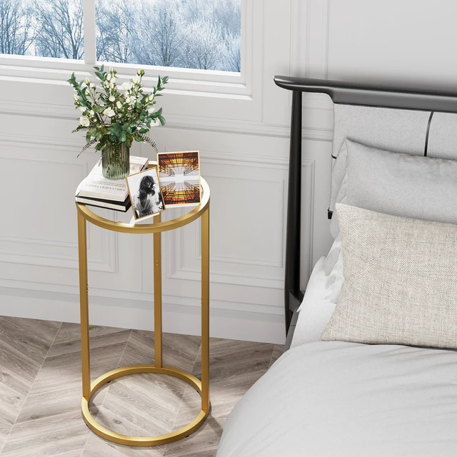 Alt view image 6 of 7 - Paws C Table Side End Table,Glass Couch Side Tables for Living Room, Round Sofa End Table with Metal Frame, Small Snack Table for Bedroom, Small Spaces, Easy Assembly (Gold,2pcs)