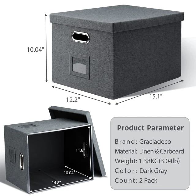 Alt view image 2 of 5 - Bins With Lids Office Organization File Folder Organizer Boxes
Dark Gray, 2 Pack, 15.1" * 12.2" * 10.04", Built-In Handle, Collapsible, Stackable, Dustproof, Linen Fabric, Cardboards