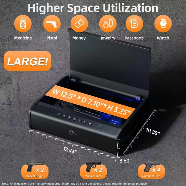 Alt view image 3 of 7 - Biometric Gun Safe, Fits 2-4 Guns, Raised Backlit Keypad & Key
With Fingerprint, Interior Light&Emergency Power Port&Voice Guide&Mute Mode &Cable For Home/Nightstand/Car, Nice Gift