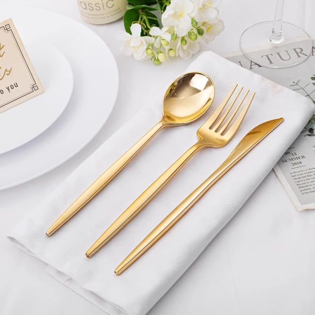 Alt view image 7 of 7 - 300PCS Gold Plastic Silverware Set Disposable - Heavy Duty Gold Utensils Set - Plastic Cutlery Disposable - Include 100 Knives, 100 Forks, 100 Spoons for Party & Wedding