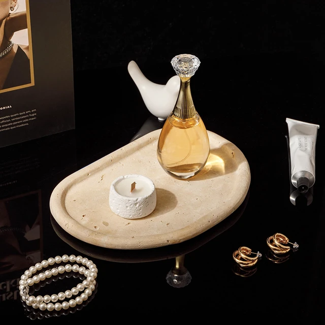 Alt view image 5 of 7 - Natural Travertine Tray,Marble Ring Dish for Bathroom,Special-Shaped Jewelry Tray,Dressing Table, Bedside Table,Home Decor,Beige Large (NS030)