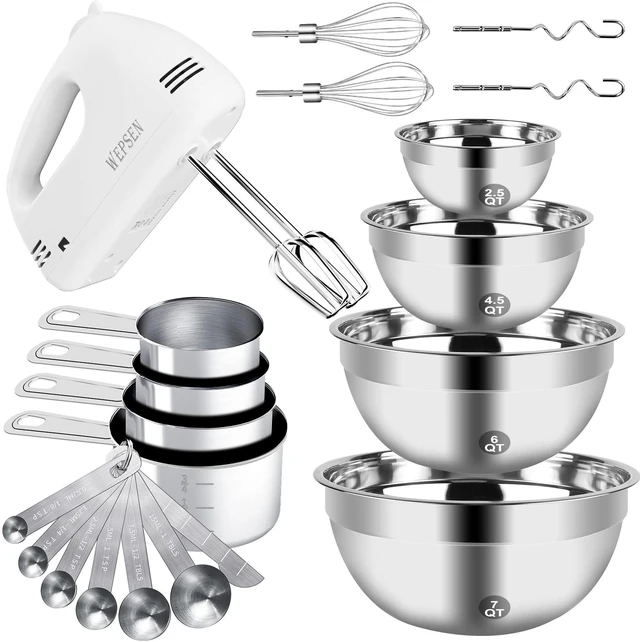 Main image of WEPSEN Hand Mixer Electric Mixing Bowls Set, 5 Speeds Handheld Mixer with 4 Nesting Stainless Steel Mixing Bowl, Measuring Cups Spoons 200W Kitchen Blender Whisk Beater Baking Supplies For Beginner