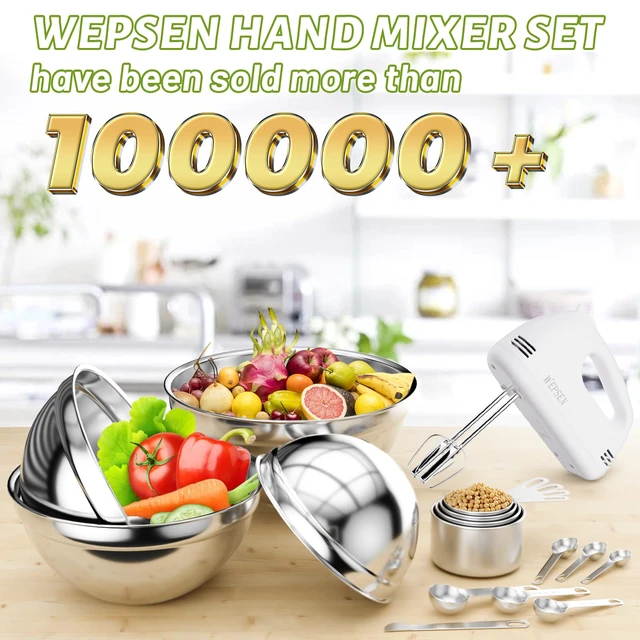 Alt view image 2 of 7 - WEPSEN Hand Mixer Electric Mixing Bowls Set, 5 Speeds Handheld Mixer with 4 Nesting Stainless Steel Mixing Bowl, Measuring Cups Spoons 200W Kitchen Blender Whisk Beater Baking Supplies For Beginner