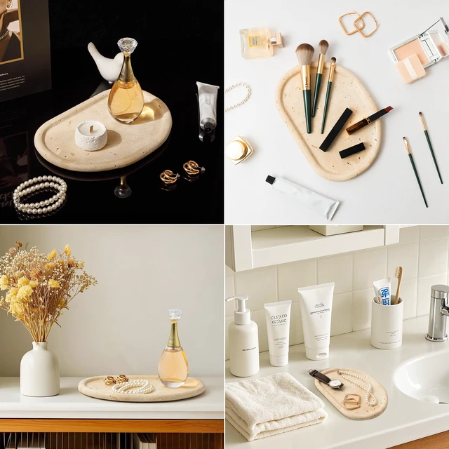 Alt view image 7 of 7 - Natural Travertine Tray,Marble Ring Dish for Bathroom,Special-Shaped Jewelry Tray,Dressing Table, Bedside Table,Home Decor,Beige Large (NS030)