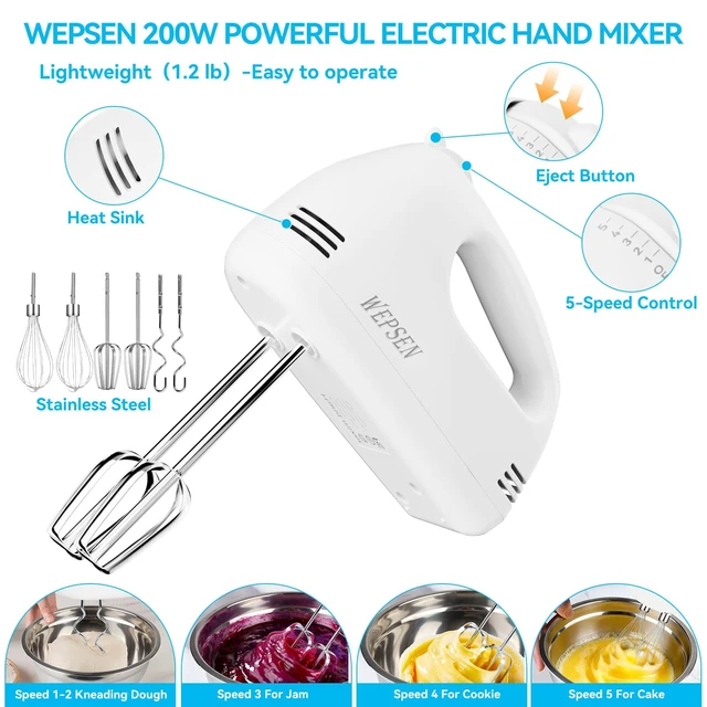 Alt view image 3 of 7 - WEPSEN Hand Mixer Electric Mixing Bowls Set, 5 Speeds Handheld Mixer with 4 Nesting Stainless Steel Mixing Bowl, Measuring Cups Spoons 200W Kitchen Blender Whisk Beater Baking Supplies For Beginner