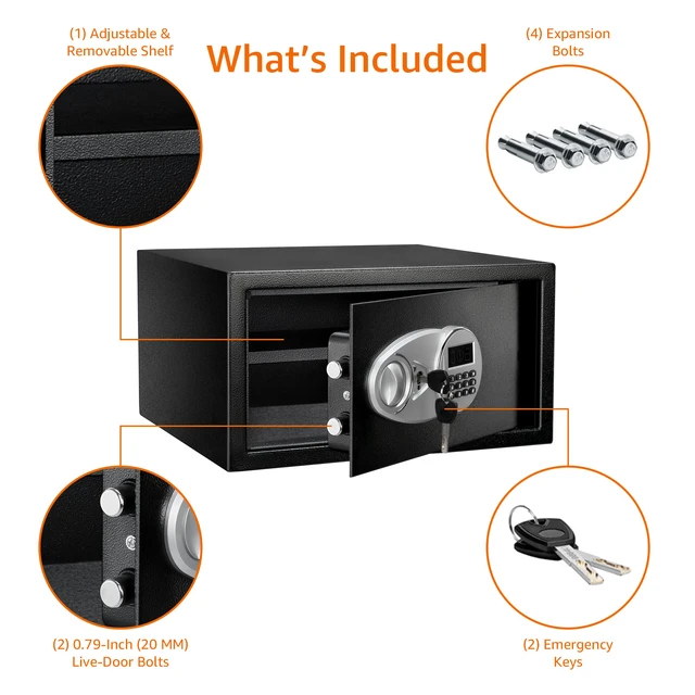 Alt view image 4 of 4 - Basics Steel Security Safe Box with Digital Keypad, for Valuables, Cash, Jewelry, Documents, Removable Shelf, Black, 1 Cubic Foot, 16.9"x14.6"x9.1" (WxDxH)