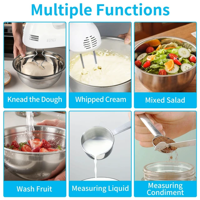 Alt view image 6 of 7 - WEPSEN Hand Mixer Electric Mixing Bowls Set, 5 Speeds Handheld Mixer with 4 Nesting Stainless Steel Mixing Bowl, Measuring Cups Spoons 200W Kitchen Blender Whisk Beater Baking Supplies For Beginner