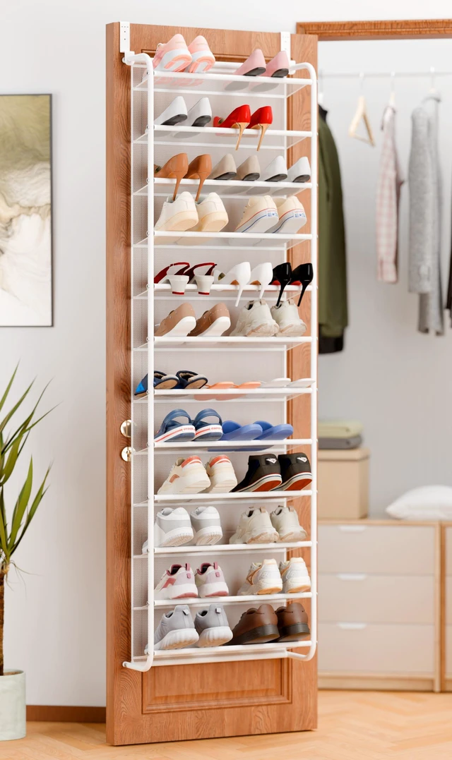 Main image of 36 Pair Over the Door Shoe Rack,12 Tier Hanging Shoe Organizer with Metal Frame & Mesh Shelves, Heavy Duty Shoe Storage Holder for Door,No Drill Installation, 74"H x 21.7"W x 7.5"D, Matt White