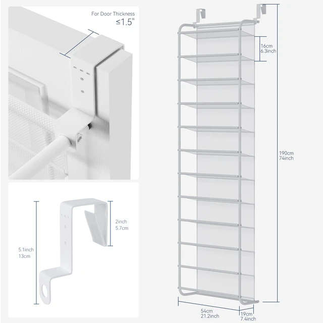 Alt view image 2 of 7 - 36 Pair Over the Door Shoe Rack,12 Tier Hanging Shoe Organizer with Metal Frame & Mesh Shelves, Heavy Duty Shoe Storage Holder for Door,No Drill Installation, 74"H x 21.7"W x 7.5"D, Matt White