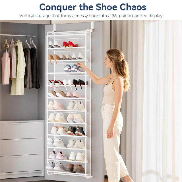 Alt view image 3 of 7 - 36 Pair Over the Door Shoe Rack,12 Tier Hanging Shoe Organizer with Metal Frame & Mesh Shelves, Heavy Duty Shoe Storage Holder for Door,No Drill Installation, 74"H x 21.7"W x 7.5"D, Matt White