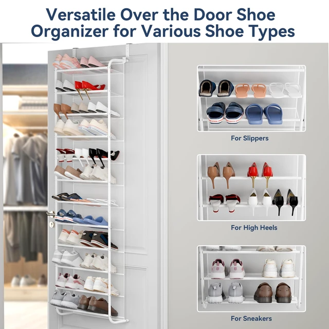 Alt view image 4 of 7 - 36 Pair Over the Door Shoe Rack,12 Tier Hanging Shoe Organizer with Metal Frame & Mesh Shelves, Heavy Duty Shoe Storage Holder for Door,No Drill Installation, 74"H x 21.7"W x 7.5"D, Matt White