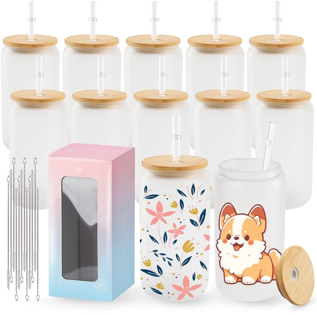 Main image of Sublimation Glass Cups 12 Pack 16 oz Frosted with Lids and Straws
Sublimation blanks wtih gift boxes for crafters small batches, DIY tumbler for HTV and custom gifts, 12 cleaning brushes