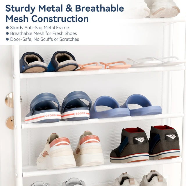 Alt view image 5 of 7 - 36 Pair Over the Door Shoe Rack,12 Tier Hanging Shoe Organizer with Metal Frame & Mesh Shelves, Heavy Duty Shoe Storage Holder for Door,No Drill Installation, 74"H x 21.7"W x 7.5"D, Matt White