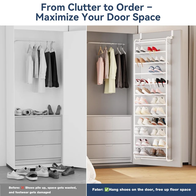 Alt view image 6 of 7 - 36 Pair Over the Door Shoe Rack,12 Tier Hanging Shoe Organizer with Metal Frame & Mesh Shelves, Heavy Duty Shoe Storage Holder for Door,No Drill Installation, 74"H x 21.7"W x 7.5"D, Matt White
