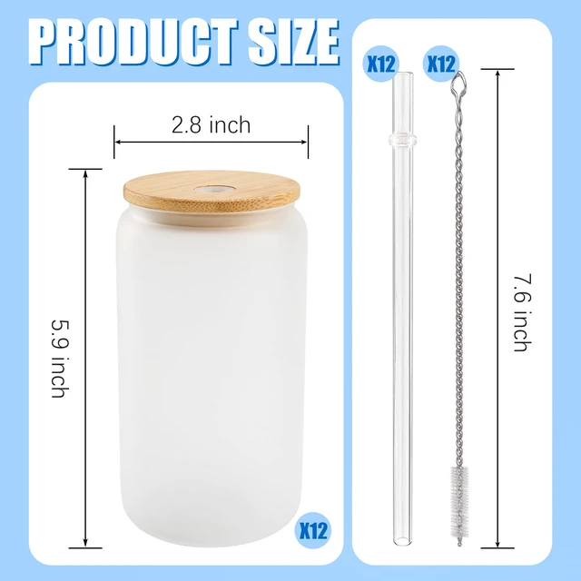 Alt view image 3 of 7 - Sublimation Glass Cups 12 Pack 16 oz Frosted with Lids and Straws
Sublimation blanks wtih gift boxes for crafters small batches, DIY tumbler for HTV and custom gifts, 12 cleaning brushes