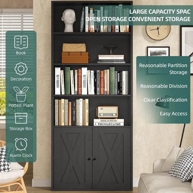 Alt view image 2 of 7 - Shintenchi Bookshelf, Industrial Bookshelves and Bookcases with Doors Floor Standing 6 Shelf Display Storage Shelves 70.9 inches Tall Bookcase for Home Office, Living Room (Black)