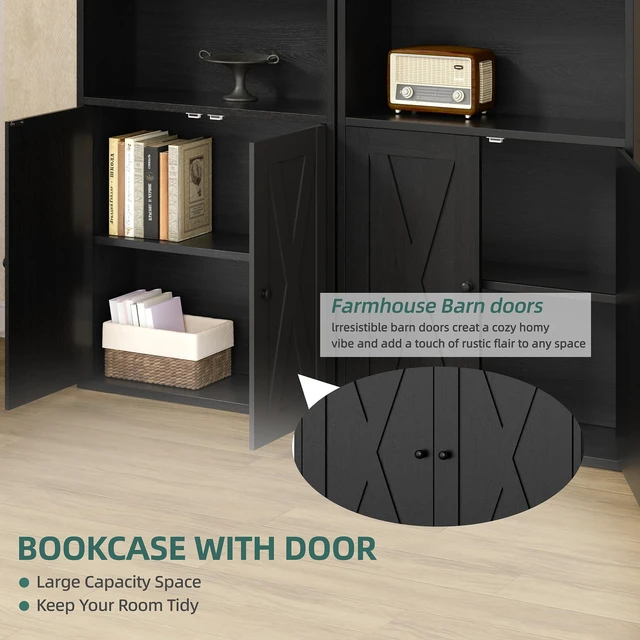 Alt view image 4 of 7 - Shintenchi Bookshelf, Industrial Bookshelves and Bookcases with Doors Floor Standing 6 Shelf Display Storage Shelves 70.9 inches Tall Bookcase for Home Office, Living Room (Black)
