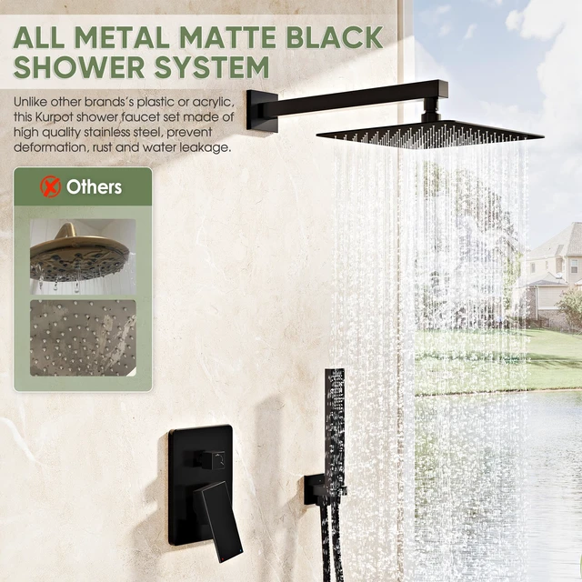 Alt view image 3 of 7 - Kurpot Black Shower System, Wall Mounted Shower Faucet Set with Valve, 10-Inch Rainfall Shower Head with Handheld Combo Spray, 59'' Long Shower Hose and Shower Trim Kit, Matte Black