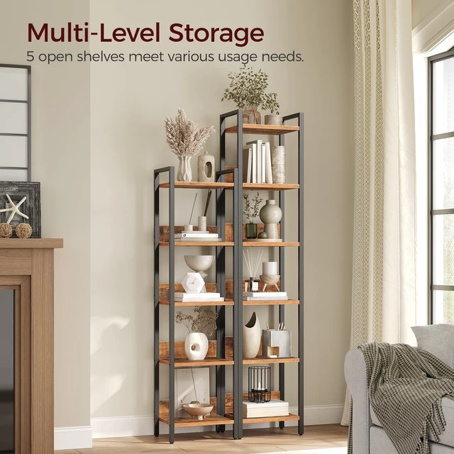 Alt view image 2 of 7 - Bookshelf, 5-Tier Bookcase, Standing Book Shelf for Small Space, Storage Shelf Organizer, for Living Room, Bedroom, Study, Balcony, Rustic Brown and Black BKHR5501