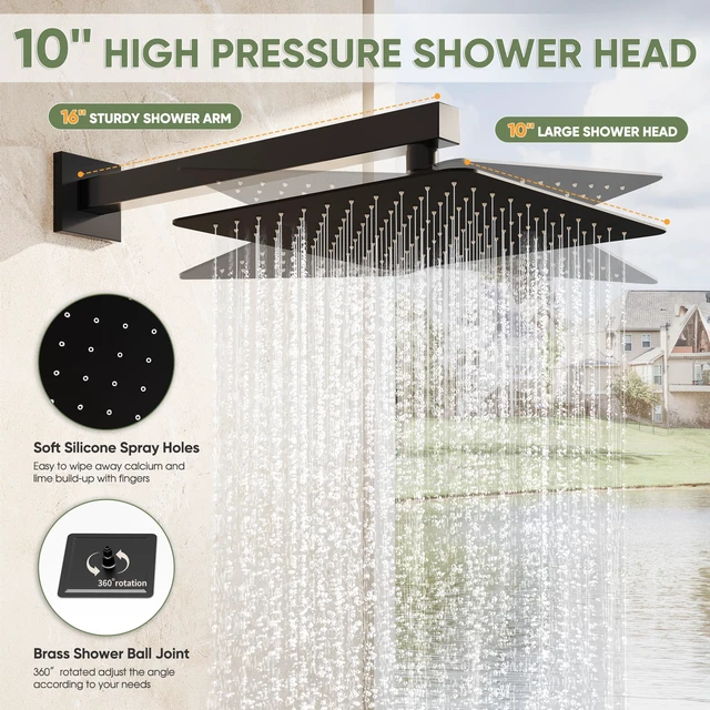 Alt view image 4 of 7 - Kurpot Black Shower System, Wall Mounted Shower Faucet Set with Valve, 10-Inch Rainfall Shower Head with Handheld Combo Spray, 59'' Long Shower Hose and Shower Trim Kit, Matte Black