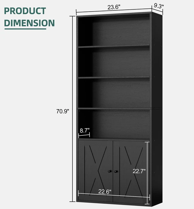 Alt view image 6 of 7 - Shintenchi Bookshelf, Industrial Bookshelves and Bookcases with Doors Floor Standing 6 Shelf Display Storage Shelves 70.9 inches Tall Bookcase for Home Office, Living Room (Black)